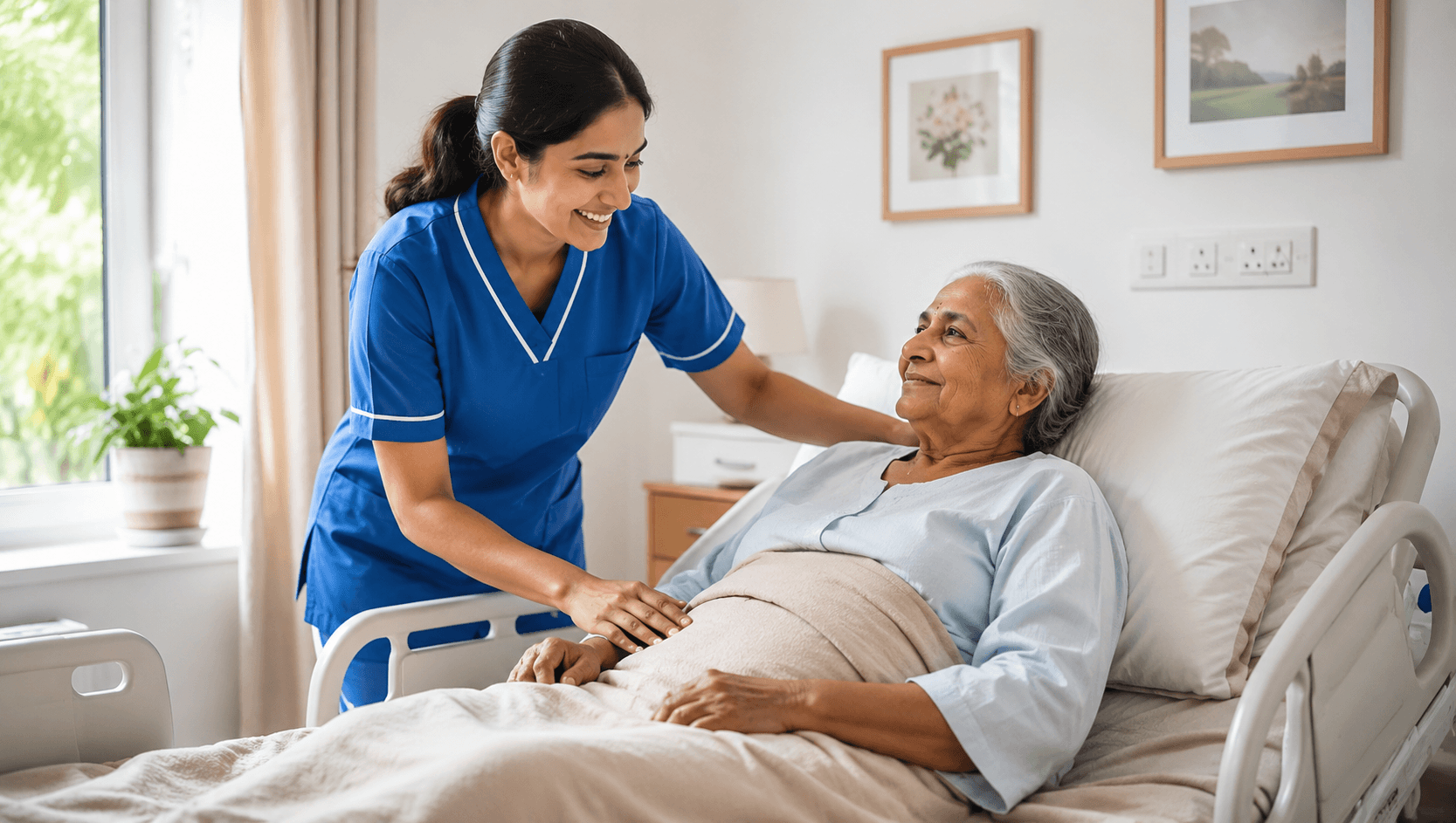 24/7 live-in caregiver assisting a bedridden patient at home in Noida