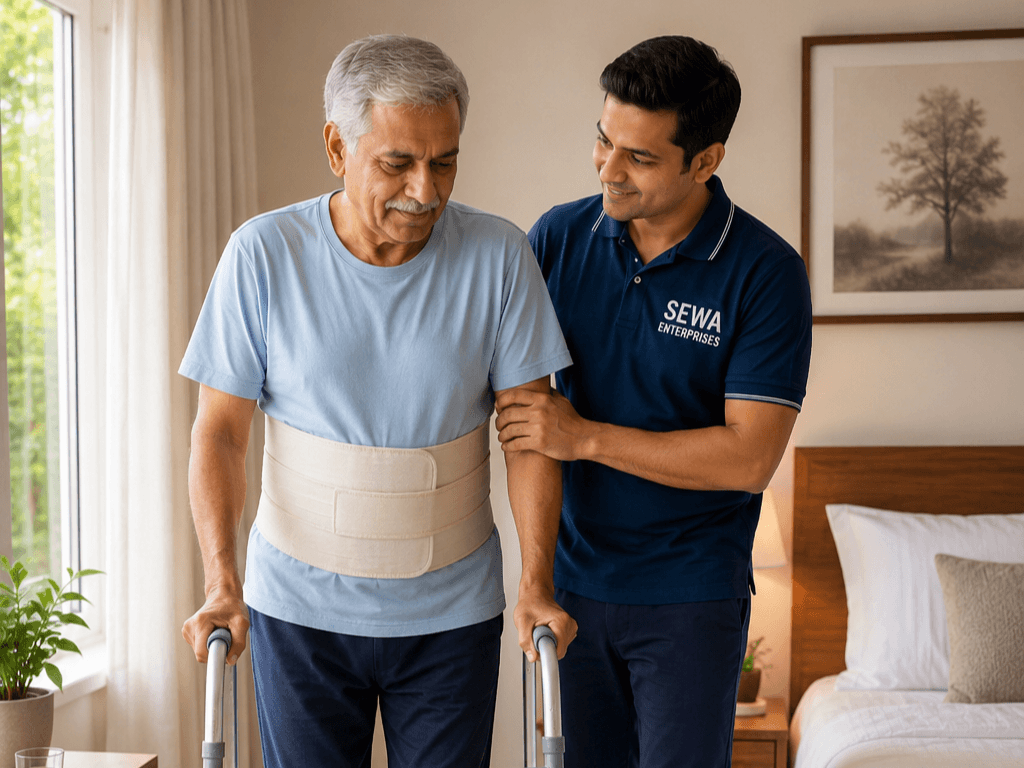 Post-surgery recovery patient receiving walker support from live-in caregiver at home