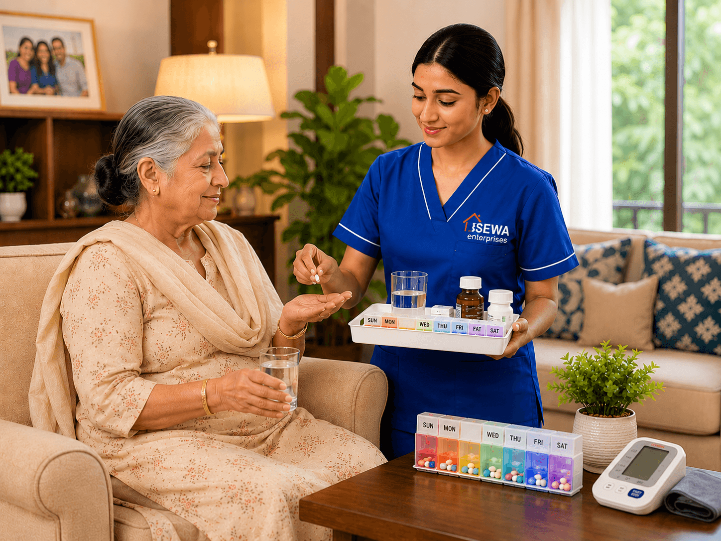 24-hour live-in caretaker cum maid providing medicine reminders and elderly support in Noida