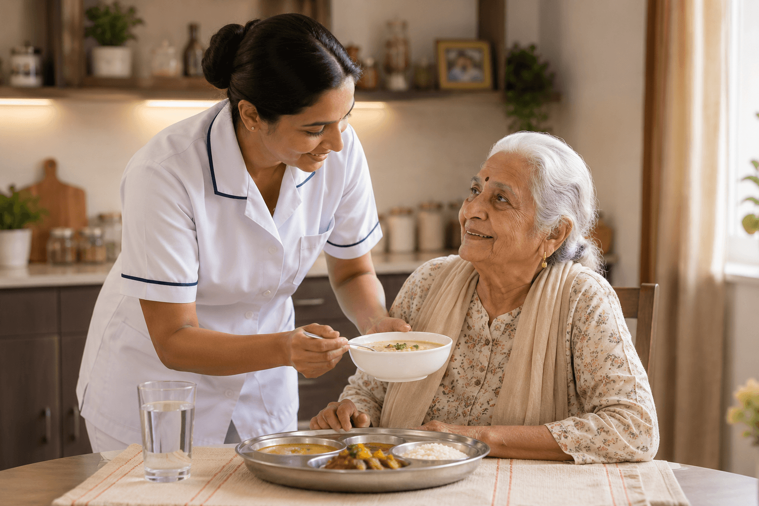 Live-in caregiver assisting elderly parent in Noida