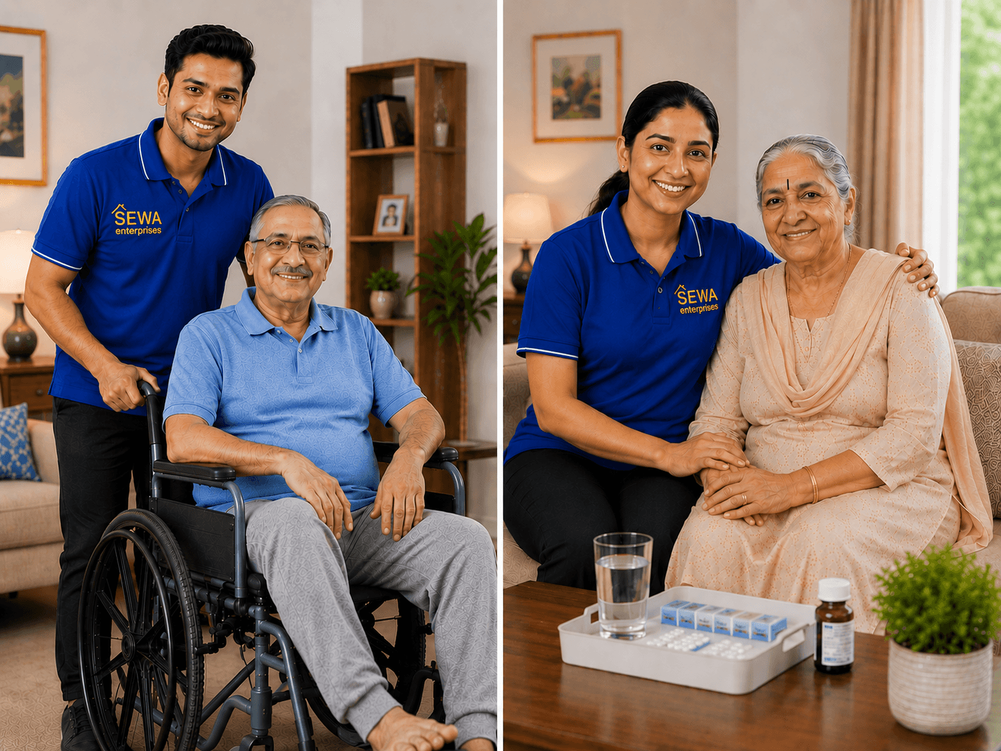Male attendant and female caretaker providing 24-hour live-in elderly care support in Noida.