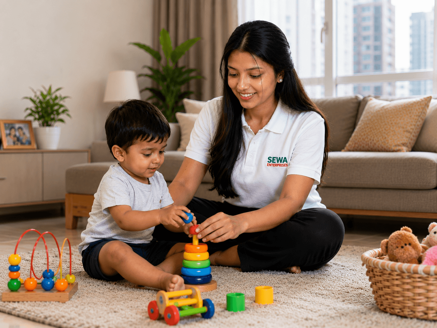 Live-In Nanny Playing with Child in Noida Apartment